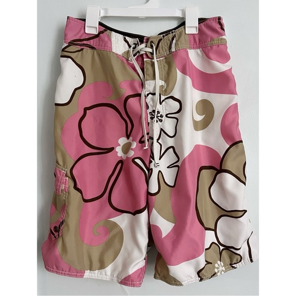 American Eagle Outfitters • Men’s Hawaiian Print Floral Pink and Tan Swim Trunks - Picture 1 of 5